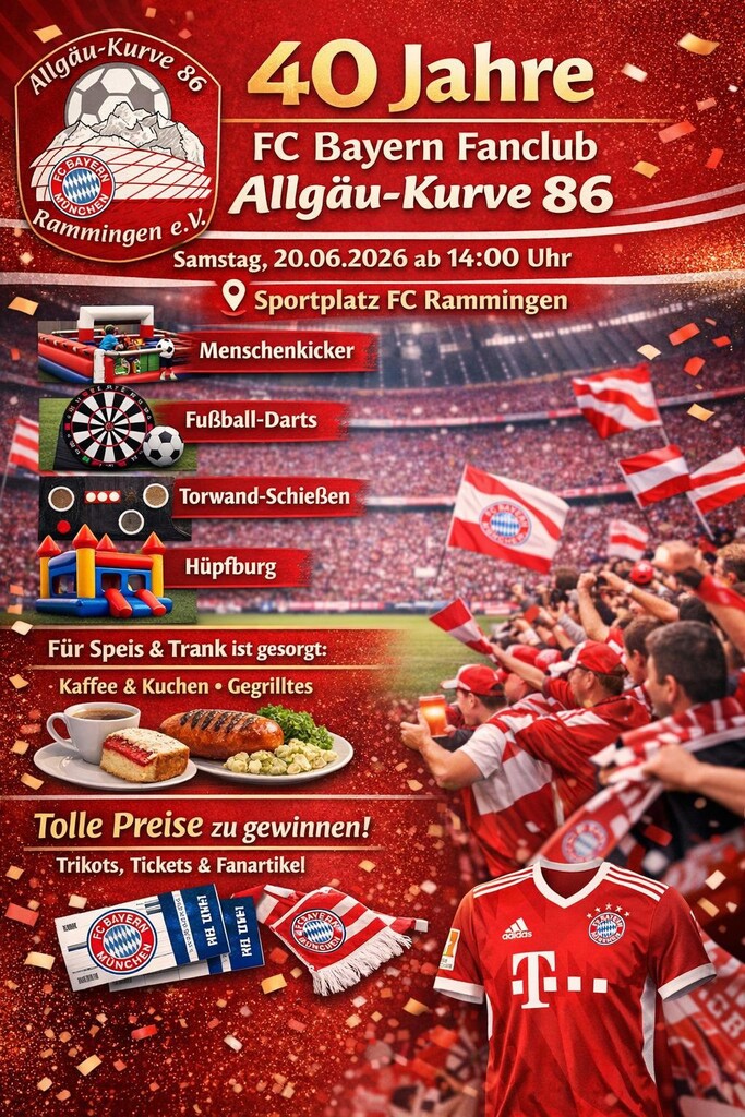 Die Allgäu Kurve lädt zu Ihrem 40 jährigen bestehen ein. Das Fest findet am 20.06.2026 ab 14:00 Uhr am Sportplatz Rammingen statt.